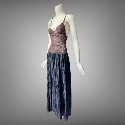 FERNANDO SANCHEZ, vintage 1970s Nightgown, Black and Chocolate lace plisse gown