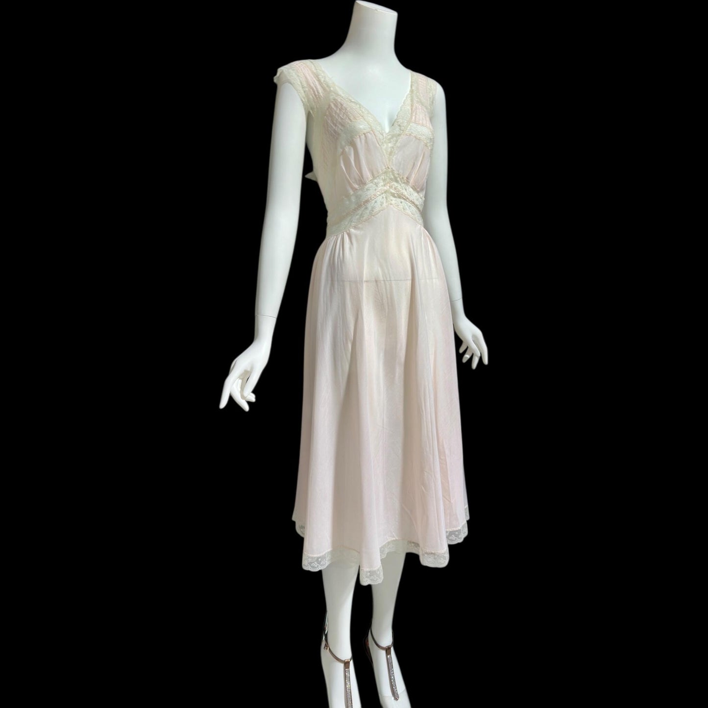 FISCHER HEAVENLY LINGERIE, vintage 1950s nightgown slip dress, ethereal soft pink and white lace