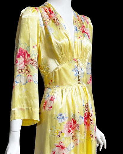 RADCLIFFE vintage 1940s satin dressing gown, yellow and pink floral satin button front housecoat