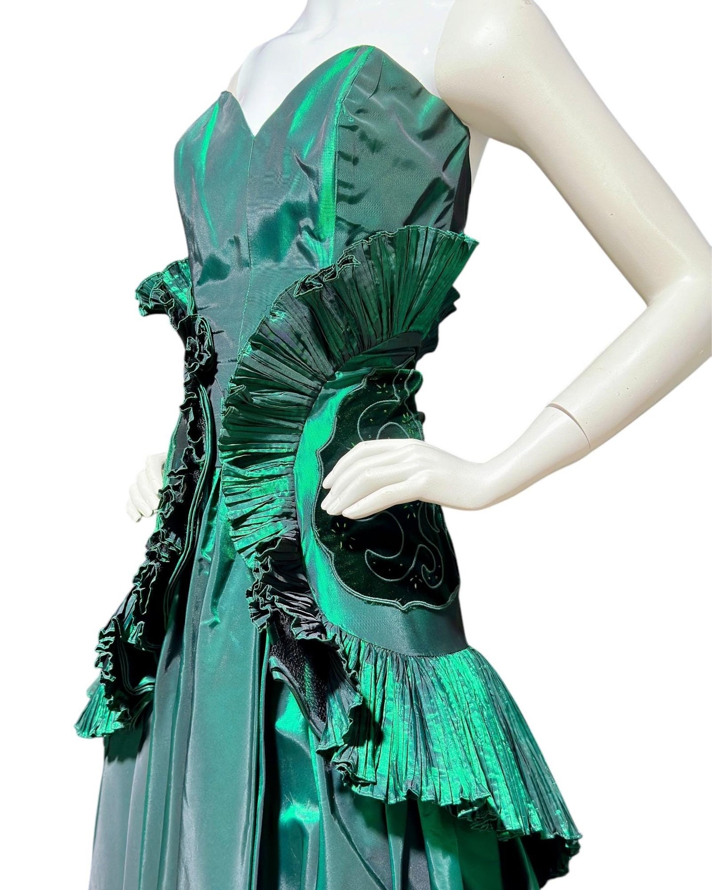 BLUME, vintage 1980s prom dress, Forest Green satin and ruffles, strapless cocktail party dress