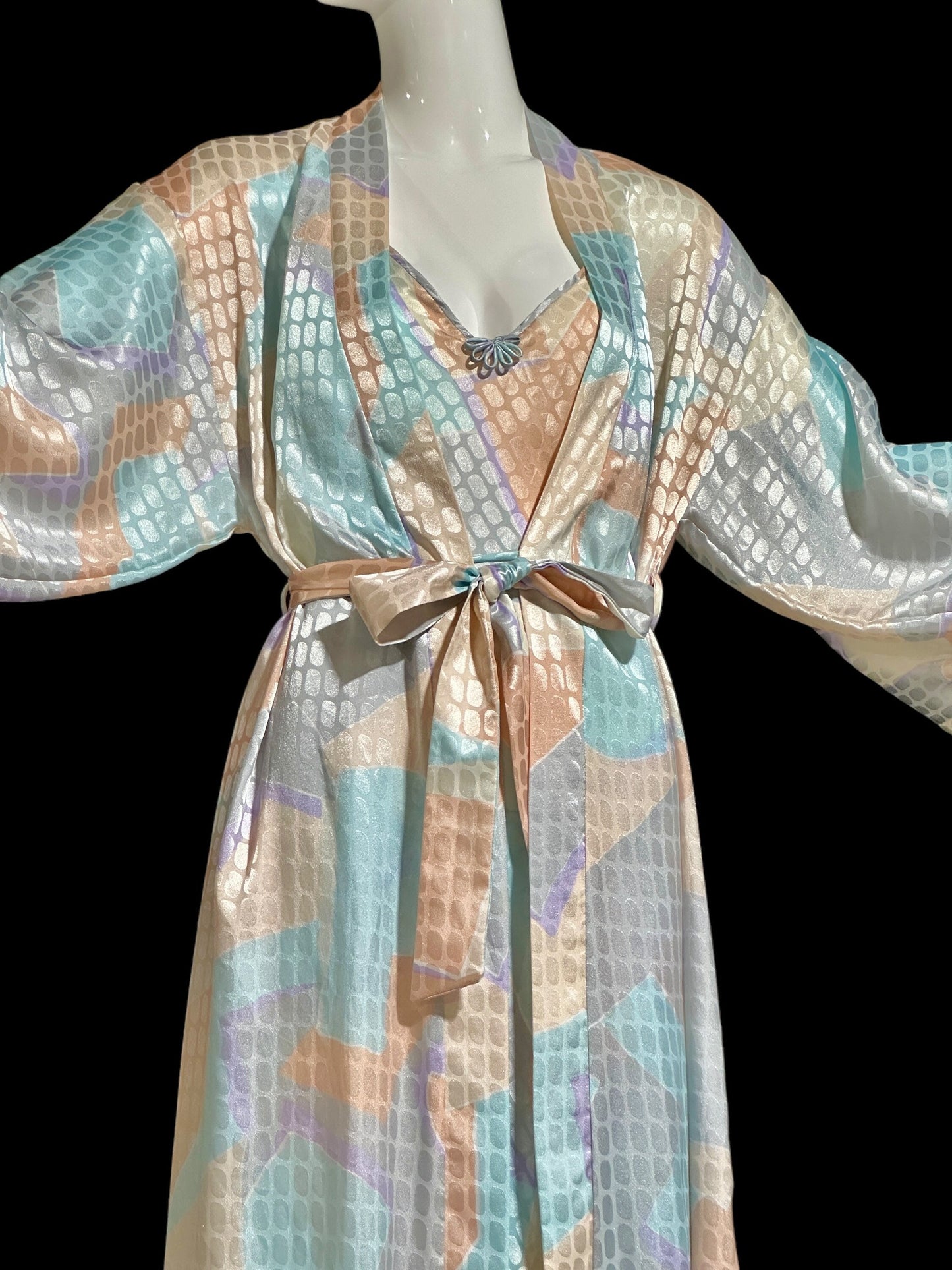 GEORGETTE TRABOLSI vintage 1980s nightgown robe peignoir set, pastel abstract slip dress and dressing robe set