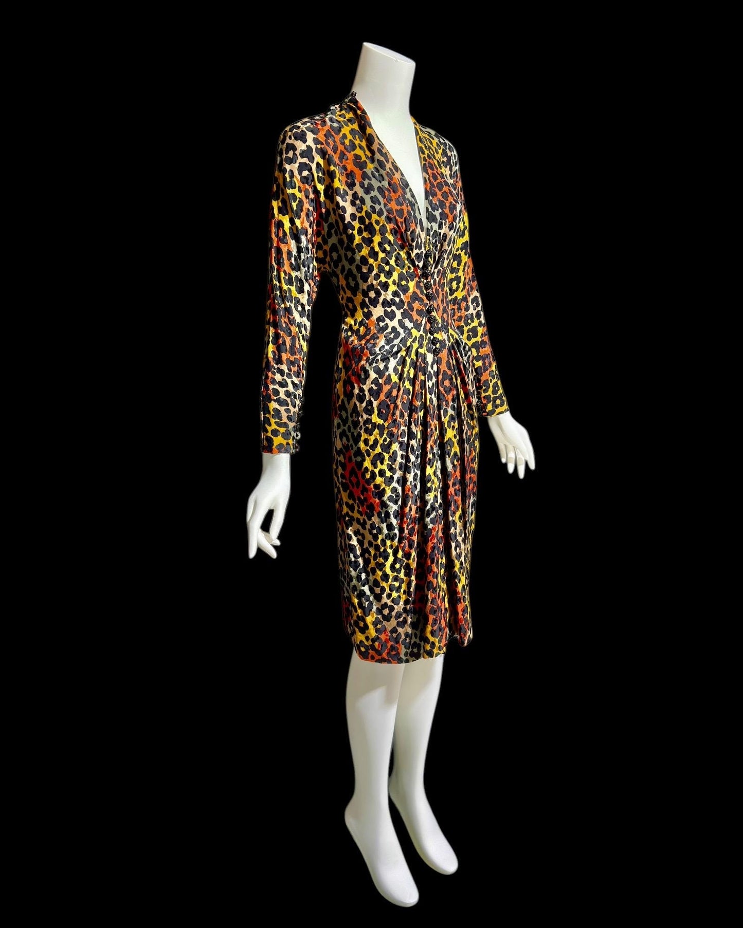 ADOLFO vintage 1980s silk dress, SAKS Fifth Ave, Animal print Office evening party dress, deep V long sleeve