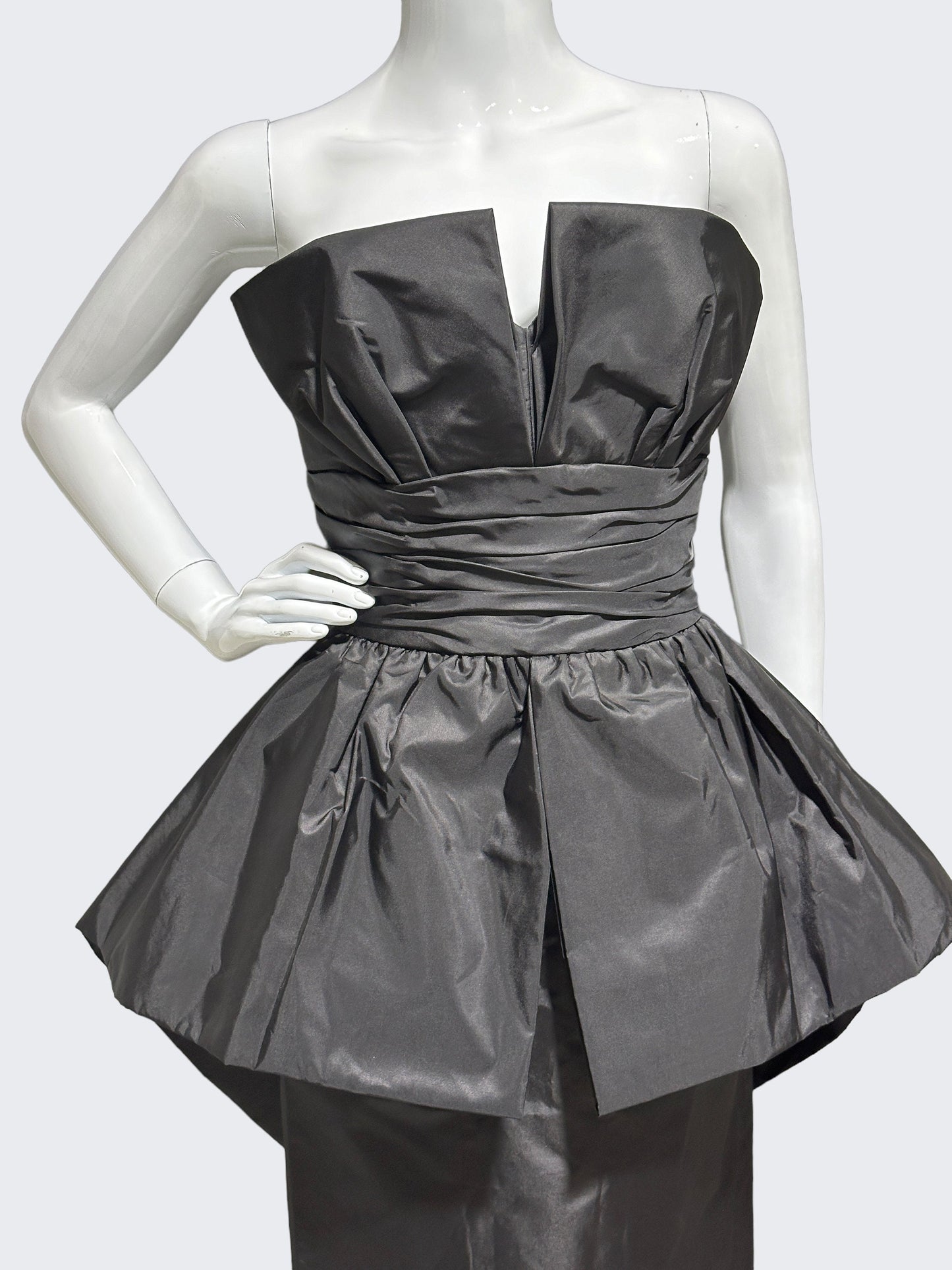 VICTOR COSTA 1980s vintage evening dress, Black Taffeta wiggle peplum avant garde party dress