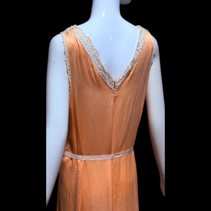 1920s vintage nightgown slip dress, peach sorbet silk shift lingerie dress