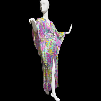 FREDERICK'S of HOLLYWOOD vintage 1970s caftan dress, psychedelic nylon Op Art kaftan House Dress