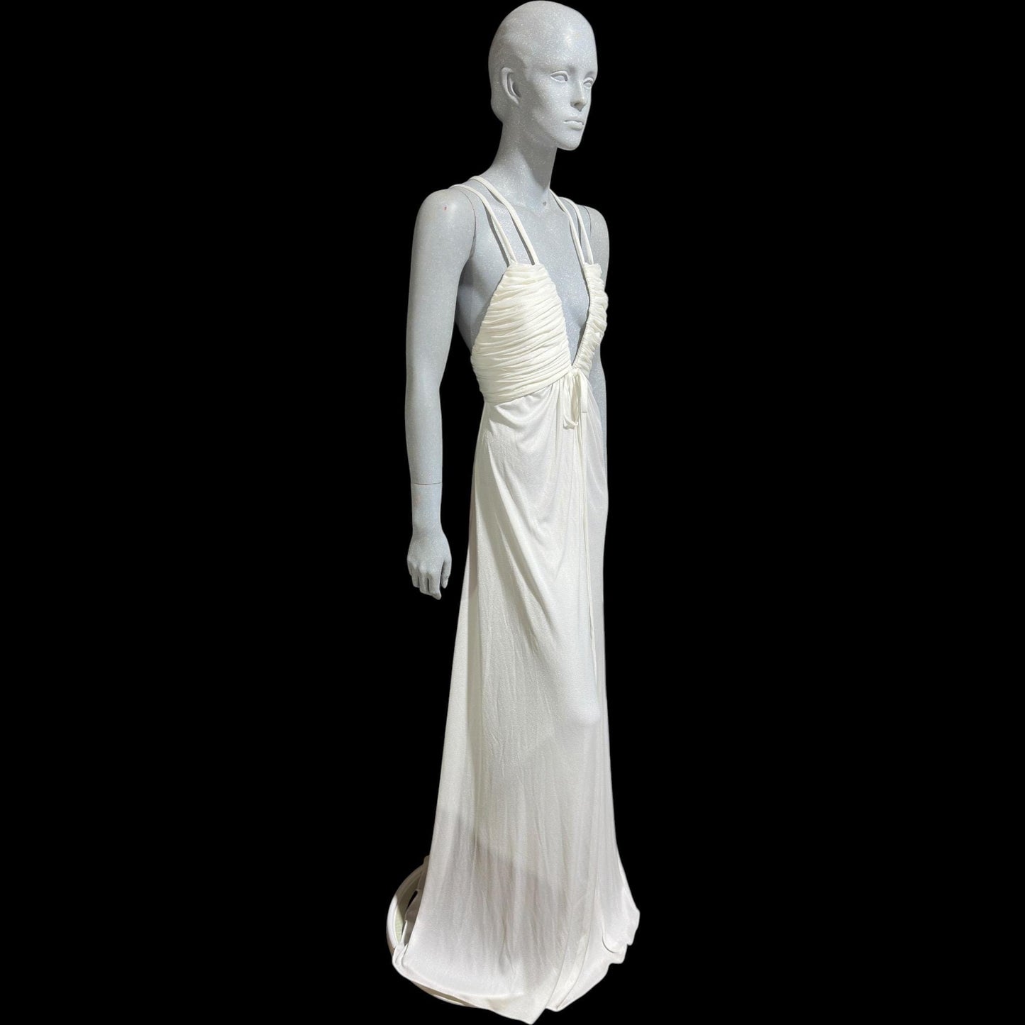 ESTEVEZ Vintage 1970s White Jersey Knit Gown: Grecian Goddess Plunging Neckline Backless