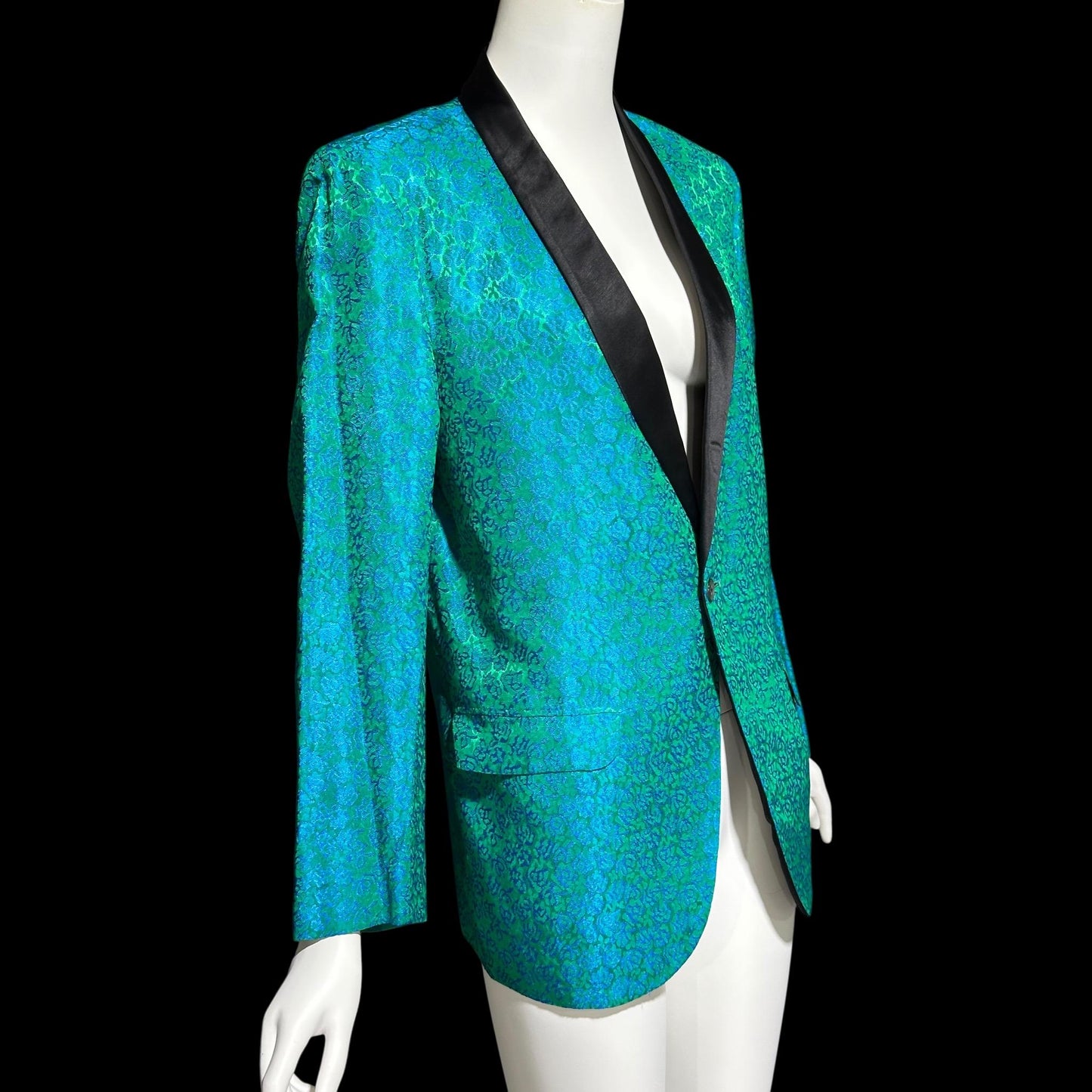 1960s Vintage Smoking Jacket, MEN'S Hugh Hefner Teal Mermaid Green Damask Lounge Dinner coat