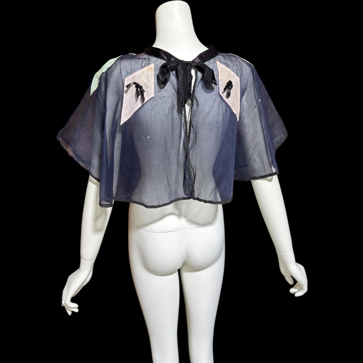 1930s Vintage collar capelet, navy blue organza harlequin shoulder cover