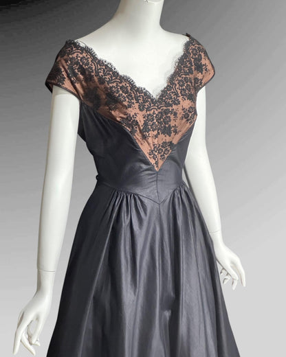 DOROTHY O'HARA, vintage 1950s dress, Black polished cotton and lace fit and flare cocktail party evening dress