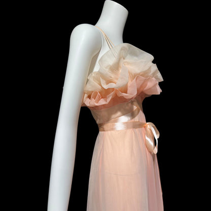 VANITY FAIR, vintage 1950s nightgown slip dress, peaches and cream sheer chiffon ruffles Grecian goddess gown
