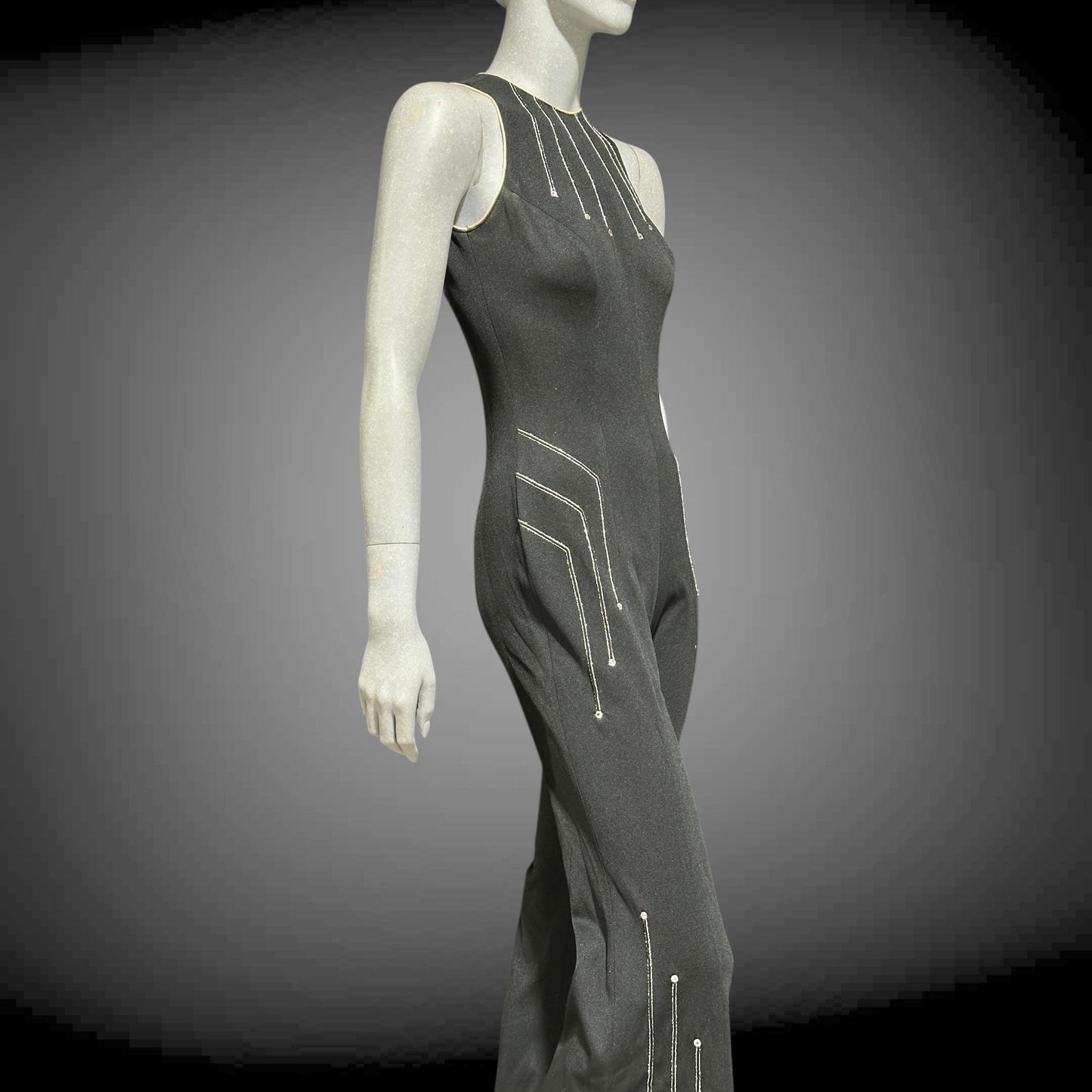 ESTIVO vintage 1970s bell bottom jumpsuit, black poly knit disco jumpsuit, embroidery & rhinestones