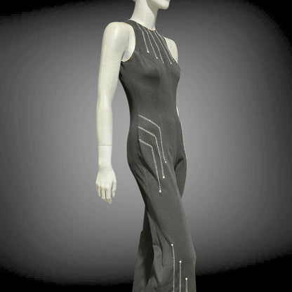 ESTIVO vintage 1970s bell bottom jumpsuit, black poly knit disco jumpsuit, embroidery & rhinestones