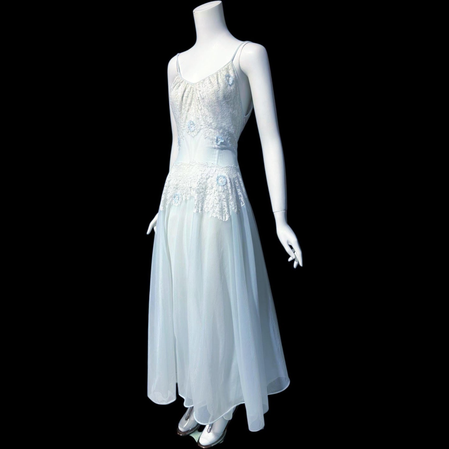 VANITY FAIR, vintage 1950s Nightgown Slip Dress, Sheer Powder Blue Nylon and Lace House Dress