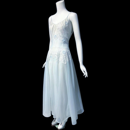 VANITY FAIR, vintage 1950s Nightgown Slip Dress, Sheer Powder Blue Nylon and Lace House Dress