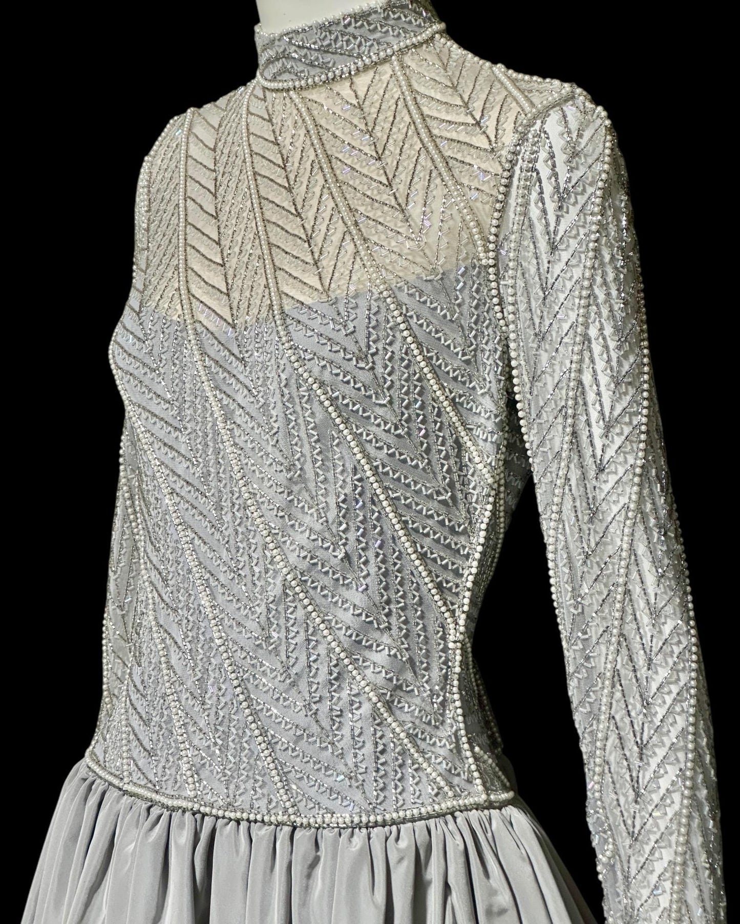 BOB MACKIE, vintage 1980s evening dress ball gown, Silver grey heavily beaded taffeta gown, Long sleeve high neck