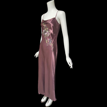 BONNIE STRAUSS vintage 1990s evening slip dress, shiny satin bias cut sheath embroidered 1940s style gown