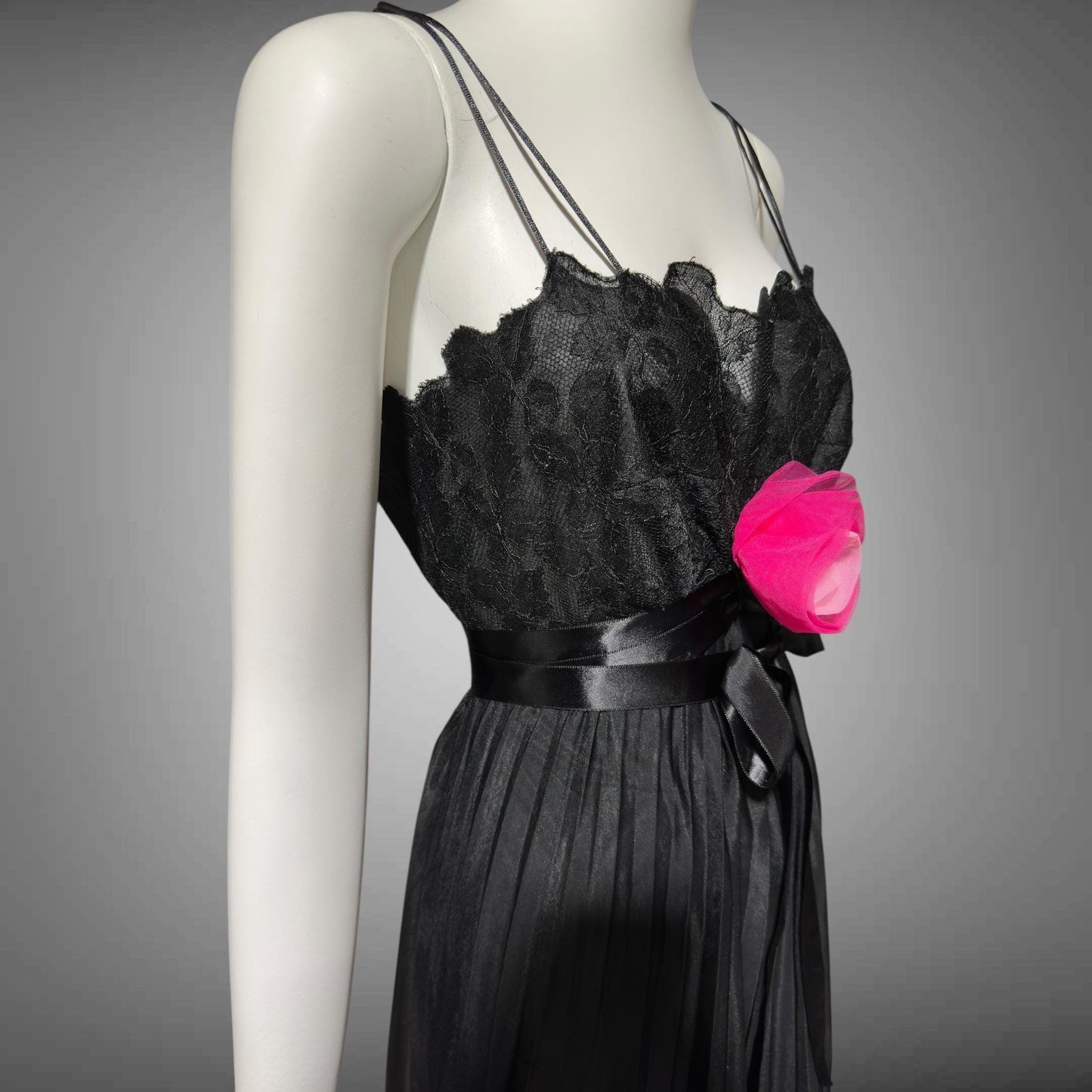 VANITY FAIR, vintage 1950s nightgown slip dress, Black sheer chiffon full pleated night dress, rosette Grecian goddess gown