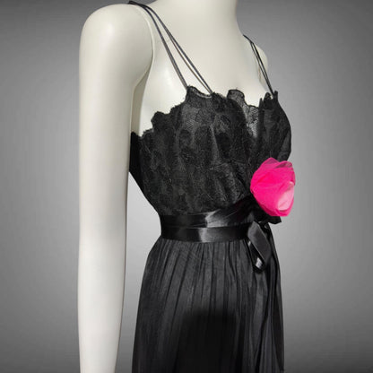 VANITY FAIR, vintage 1950s nightgown slip dress, Black sheer chiffon full pleated night dress, rosette Grecian goddess gown
