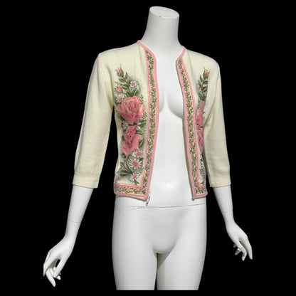 BERNICE CREATIONS, vintage 1950s cardigan, cream and pink rose print acrylic zip front sweater