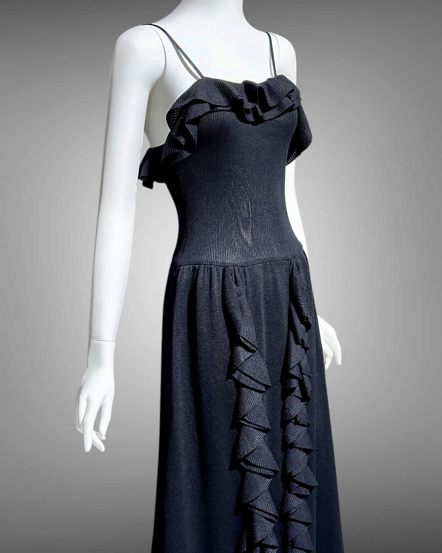 CRISSA 1970s vintage black knit ruffled slip dress, long maxi evening dress with ruffles