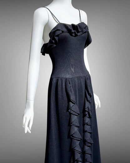 CRISSA 1970s vintage black knit ruffled slip dress, long maxi evening dress