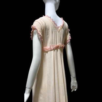 1920s vintage nightgown dress, Romantic Dusty pink cotton gauze muslin lingerie dress with needlework