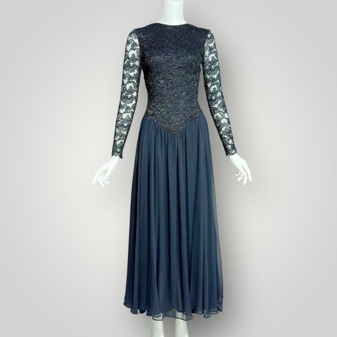 JOHN CHARLES vintage 1980s evening dress, black stretchy lace Jersey Knit with chiffon skirt