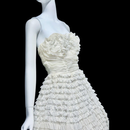 1950s vintage wedding prom gown, off white tiered lace and tulle cupcake dress, ruffled meringue ball gown
