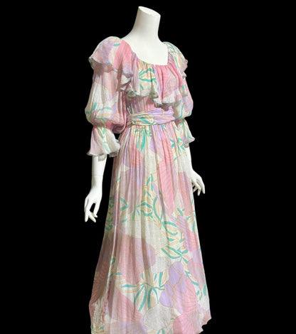 FRANK USHER LONDON, vintage 1970s evening dress, Pastel floral chiffon, Off shoulder gown