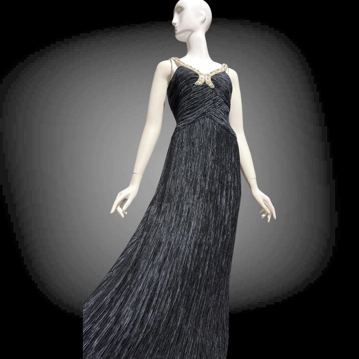MARY MCFADDEN COUTURE vintage 1980s evening dress, I.Magnin black beaded plisse pleats gown