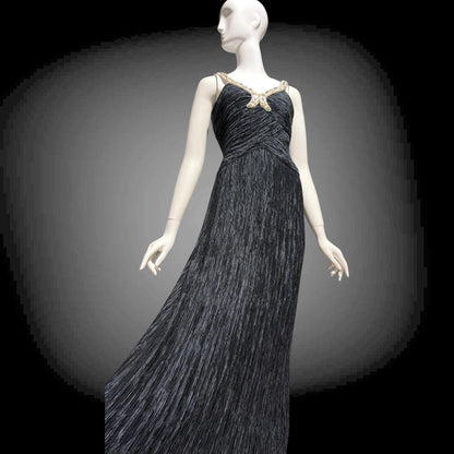 MARY MCFADDEN COUTURE vintage 1980s evening dress, I.Magnin black beaded plisse pleats gown