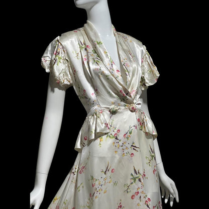 MISS ELAINE vintage 1940s Dressing Gown Robe, Shiny Satin floral Wrap Housecoat Lingerie Dress