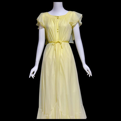 LUCIE ANN Claire Sandra, 1960s Marshall Field daffodil yellow full sweep ruffled nightgown, grecian wrap slip dress