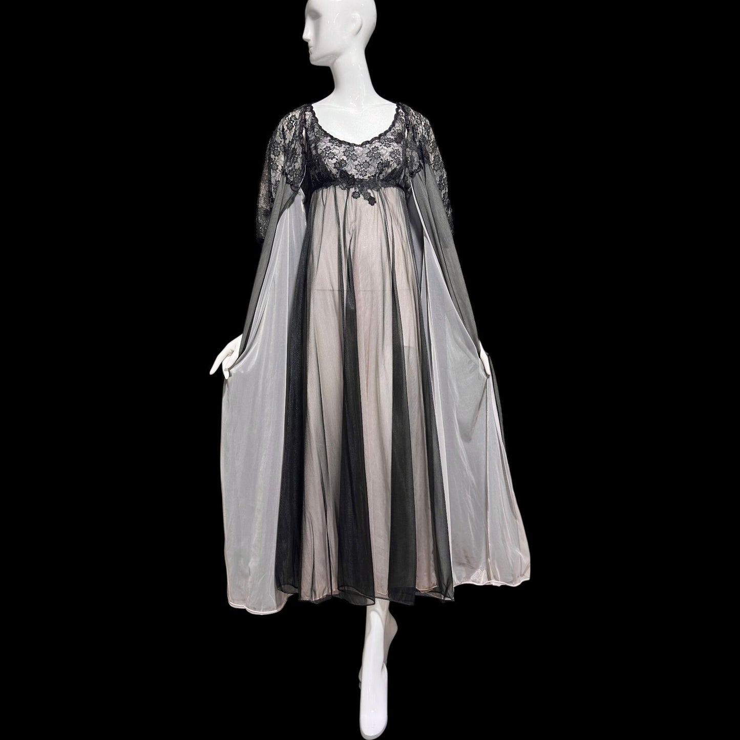 Warner's vintage 1960s peignoir set, frothy sheer black and pink chiffon nightgown robe set
