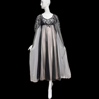 Warner's vintage 1960s peignoir set, frothy sheer black and pink chiffon nightgown robe set