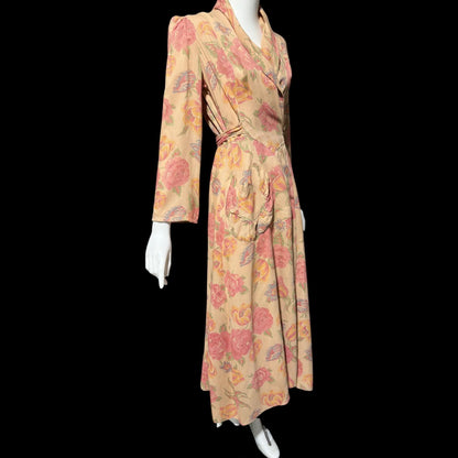 1930s vintage silk chintz floral robe, Dusty pink wrap front long house coat, Rehabilitated Wounded Bird