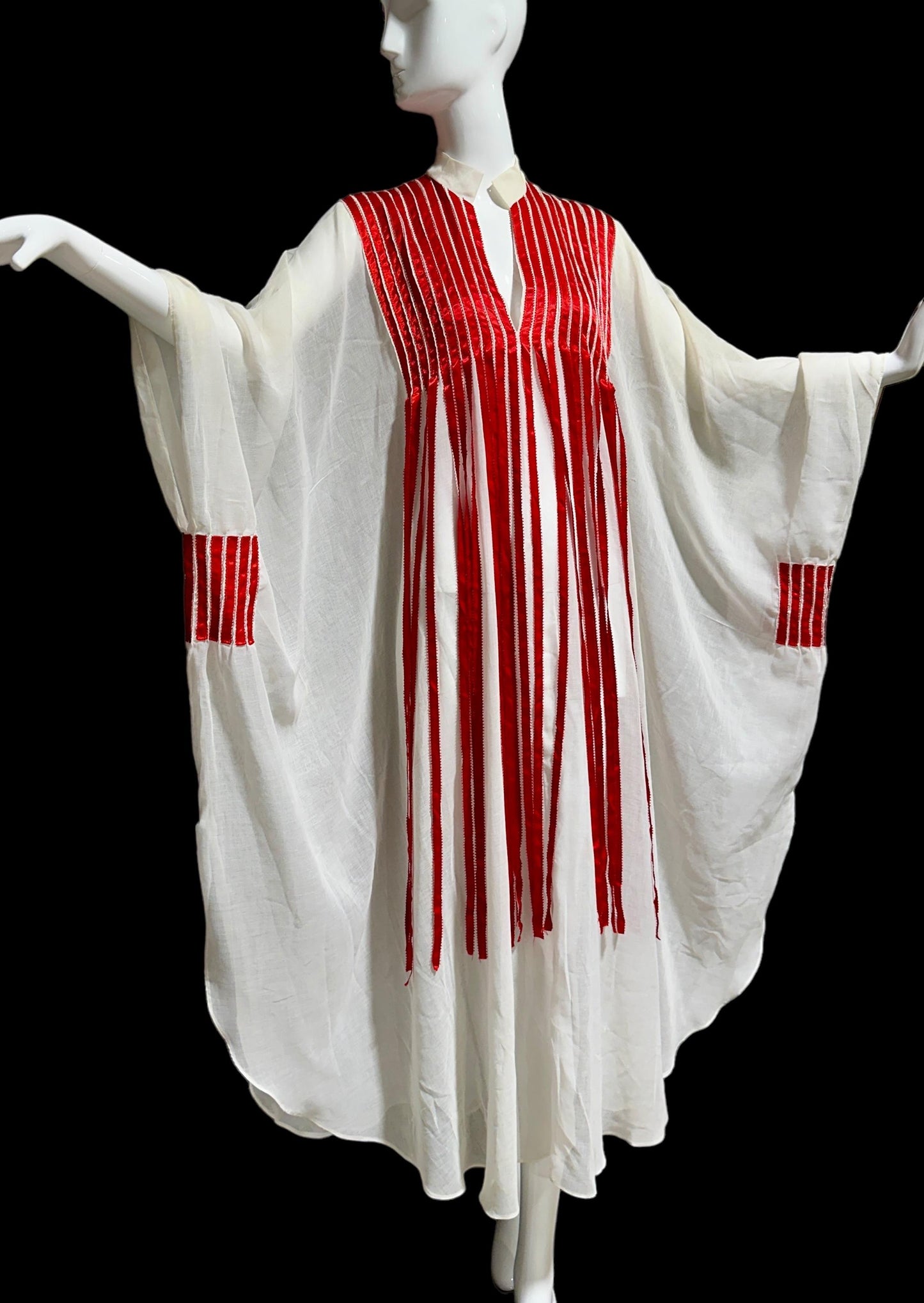 1970s Vintage white gauze caftan dress, Sheer breezy fabric with streaming red ribbons