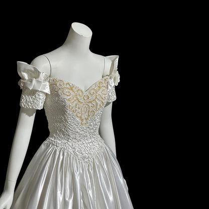 MIKE BENET, vintage 1980s evening dress, shiny white satin sequins prom wedding ball gown