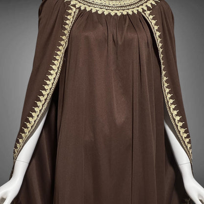 1970s vintage caftan dress, brown and gold metallic kaftan with attached cape