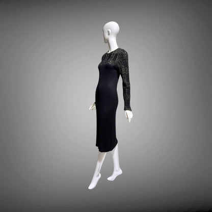 MARY MCFADDEN vintage 1970s knit cocktail dress, Black Gold Long Sleeve Office Party dress