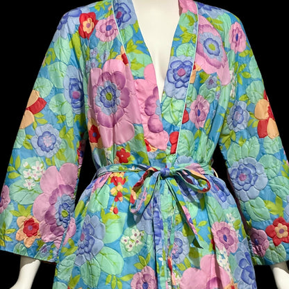 STELLA FAGIN, vintage 1960s Robe, Long Airy Blue and Pink Embossed Flower Wrap Front dressing gown