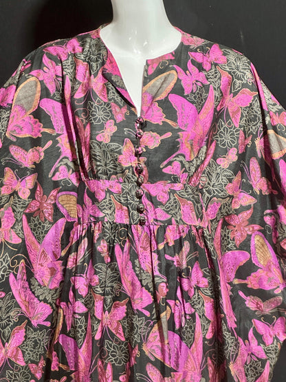 DESIGN THAI BANGKOK, vintage 1960s caftan dress, maxi party dress, hot pink butterfly print silk dress