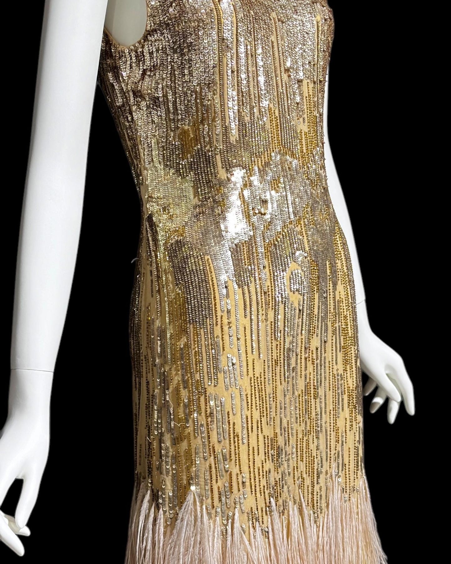 Y2K Gold sequins & pink feathers flapper style party cocktail dress, Custom Made Slip Tank Dress