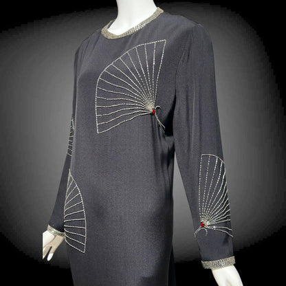ADELE SIMPSON 1980s black cocktail party shift dress with beaded fans