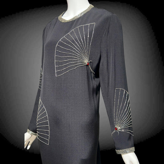 ADELE SIMPSON 1980s black cocktail party shift dress with beaded fans