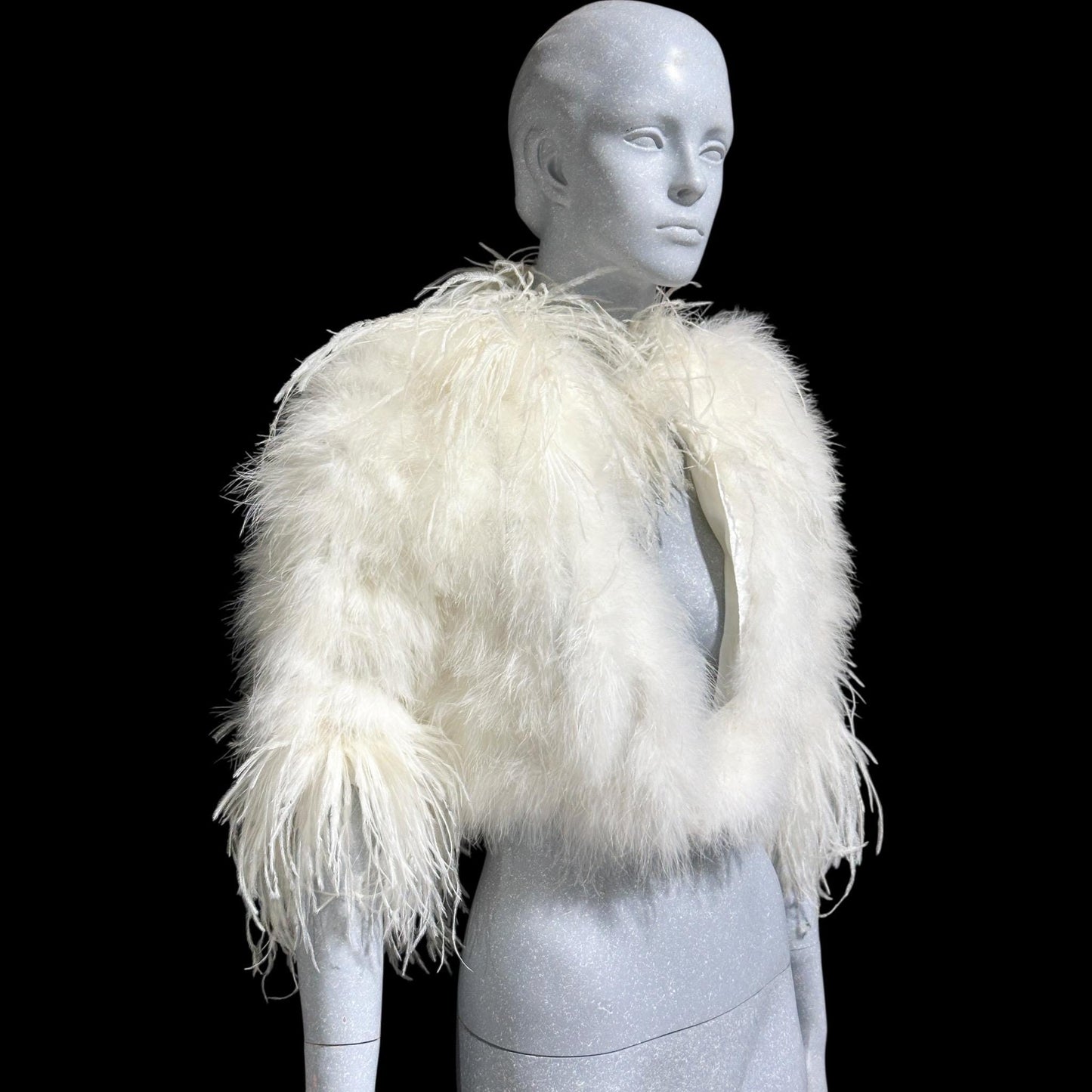 1980s Vintage marabou feather jacket, Snowy white marabou with ostrich feathers cropped wedding evening jacket