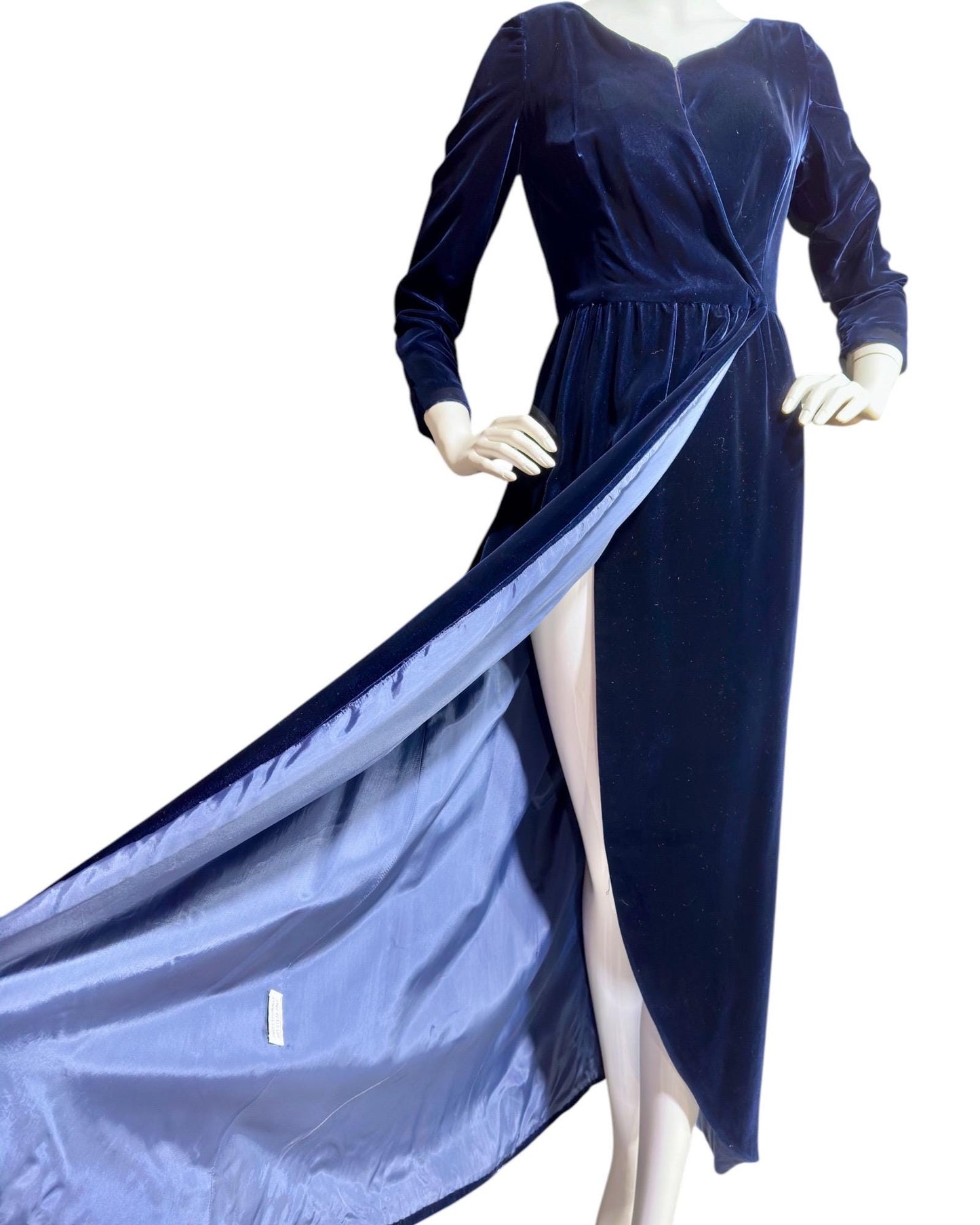 MOLLIE PARNIS vintage 1960s blue velvet wrap evening dress, Morty Sussman