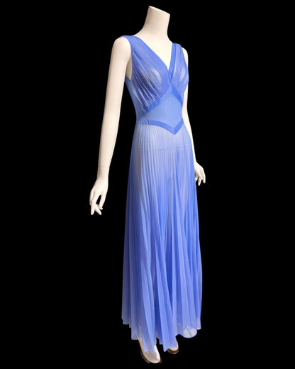 VANITY FAIR, for Julius Garfinckel, vintage 1940s chiffon nightgown, periwinkle sheer full sweep pleated gown