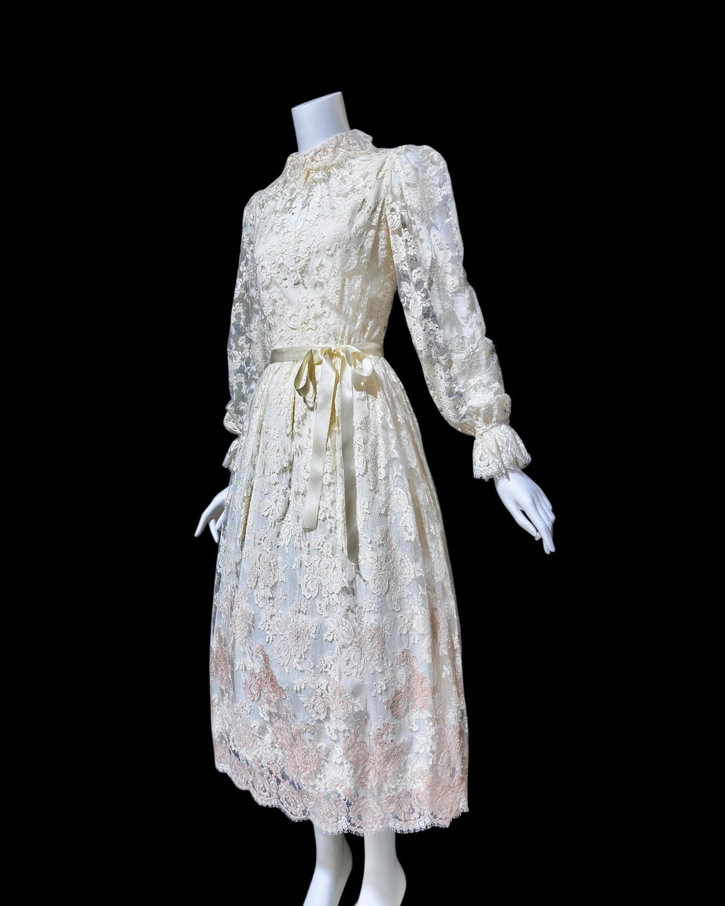 TRAVILLA vintage 1970s ivory lace dress, for ISABEL GERHART boho wedding party dress