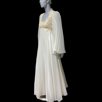1970s vintage Wedding dress gown, White pleated bell sleeve gown, Hippie Bohemian dress